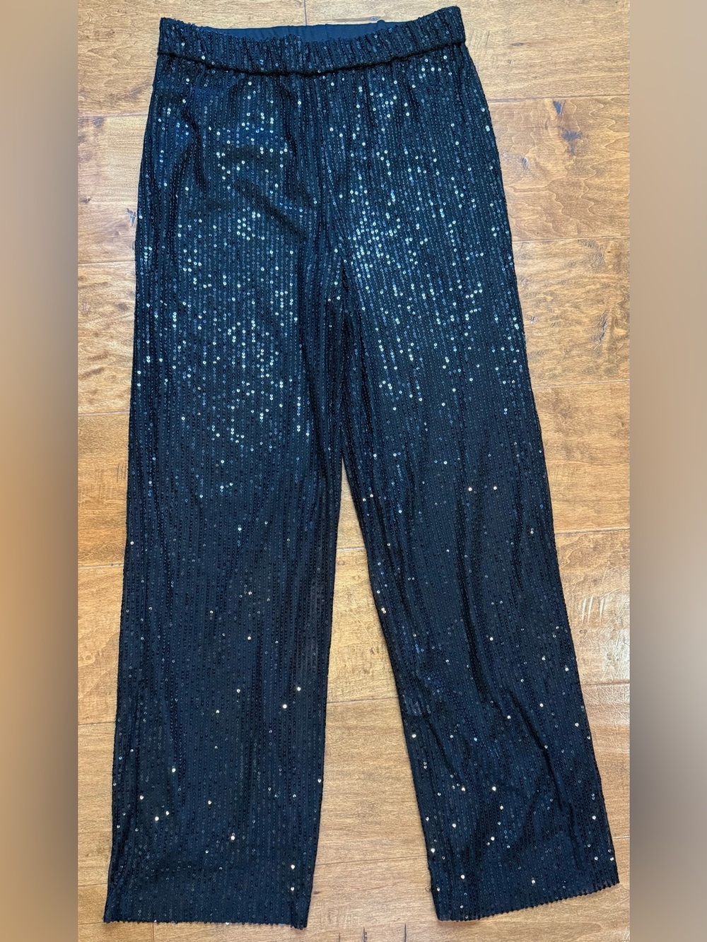 NWT ODIZLI Black Sequin Wide Leg Pull-On Party Pants Lined Glam Sz L